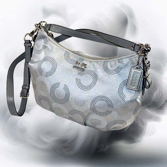 Coach Madison Two Tone Silver Sateen Opti-Art Hobo Convertible Shoulder … - Picture 1 of 11